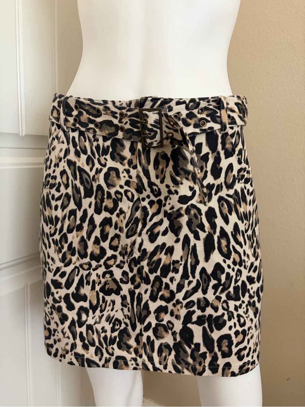 Vintage Leopard Animal Print Denim Mini Skirt with Built In Belt